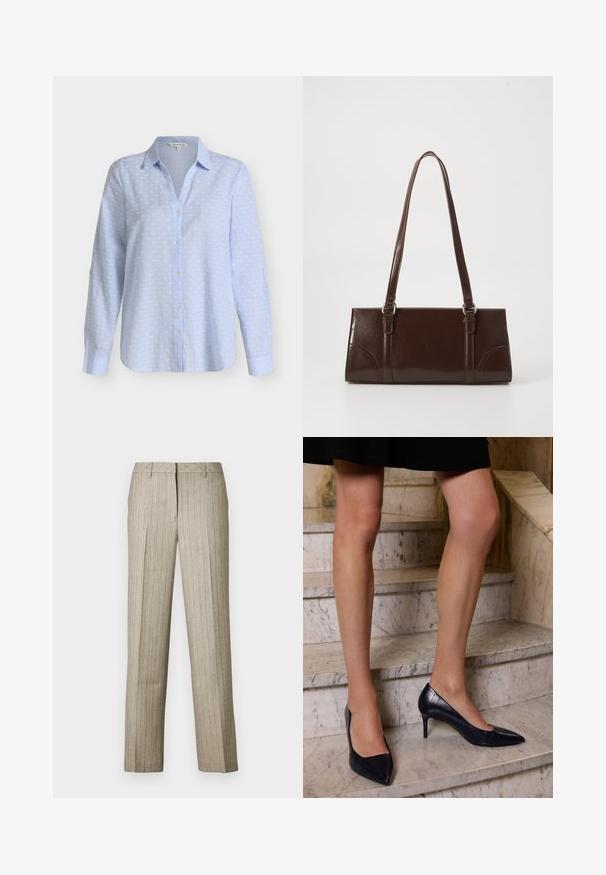 Lichtblauw overhemd met lange mouwen, knoopsluiting, wit gestippeld patroon en spitse kraag op een effen achtergrond.; Beige pantalon met krijtstrepen en een rechte pijp, voorzien van een gestructureerde tailleband en een subtiele textuur in de stof.; Navyblauwe hoge hakken met een spitse neus, met een gladde en gestructureerde afwerking die lijkt op krokodillenleer.; Bruine lakleren handtas met een rechthoekige vorm, twee lange handvatten en subtiele gebogen accenten aan de voorkant.