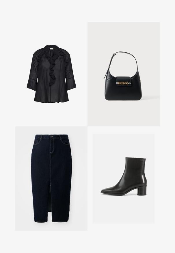 Sort gennemsigtig bluse med 3/4 klokkeærmer, flæsekanter langs halsudskæringen og fronten samt en nøglehulsåbning ved halsen.; Mørk denim blyantskørt med en frontslids, knaplukning og synlige sømdetaljer. Designet til en tætsiddende silhuet.; Sort læderankelstøvle med spids tå og en mellemhøj blokhælk. Glat tekstur og minimalistisk design. Ingen synligt hardware.; Sort læder skuldertaske med justerbar rem og gyldent DKNY-logo på forsiden mod en hvid baggrund.