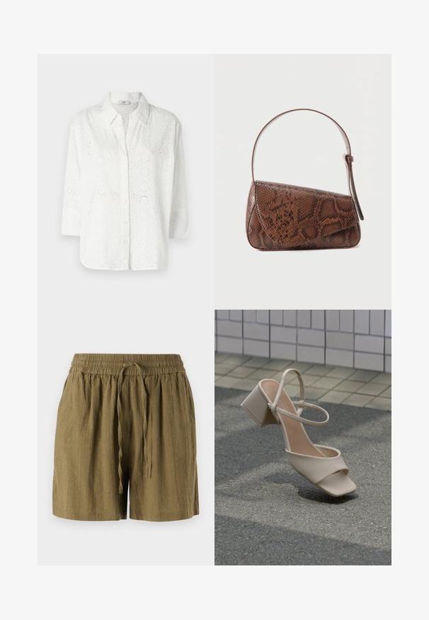 Chemise blanche à boutons, en tissu brodé avec des découpes en œillets, dotée d'un col et de manches trois-quarts.; Shorts pull-on verts olive en tissu léger, dotés d'une taille élastique et d'un cordon de serrage, avec une coupe décontractée et ample.; Sandale beige à bout ouvert avec talon carré et fine bride à la cheville, inclinée vers le haut sur l'asphalte avec un mur carrelé en arrière-plan.; Sac à bandoulière en cuir à motif peau de serpent marron avec une fermeture à rabat et une seule bandoulière réglable, sur un fond uni.