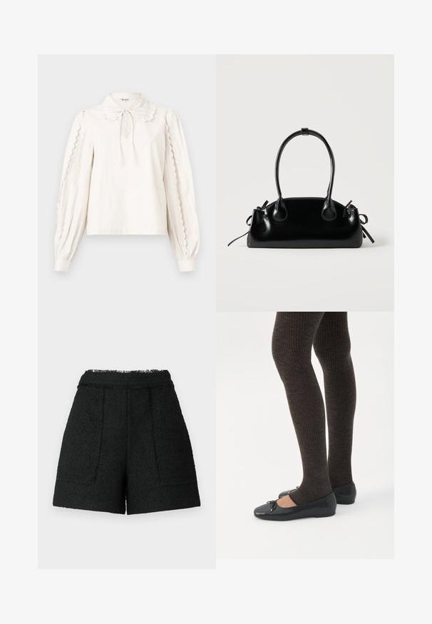 Blusa blanca de manga larga con bordes festoneados en las mangas, un cuello tipo Peter Pan con un lazo atado y puños abotonados.; Pantalones cortos negros de tela texturizada con un dobladillo deshilachado, que cuentan con dos bolsillos frontales y un ajuste entallado.; Piernas con leggings oscuros acanalados combinados con bailarinas negras que presentan pequeños detalles de lazo sobre un fondo blanco.; Pequeño bolso negro brillante con dos asas largas y detalles de cordón lateral sobre un fondo claro liso.