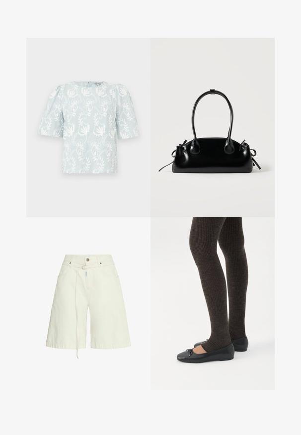Lichtblauw topje met korte mouwen en witte bloemrijke borduursels, voorzien van een ronde halslijn en geplooide details op de schouders.; Lichtbeige denim shorts met een relaxte fit, riemlussen, voorzakken en een trekkoordfunctie in de taille. Gladde textuur.; Benen met donkere geribbelde leggings gecombineerd met zwarte ballerina's met kleine strikdetails op een witte achtergrond.; Kleine zwarte glanzende handtas met twee lange hengsels en zijkant trekkoord details op een effen lichte achtergrond.