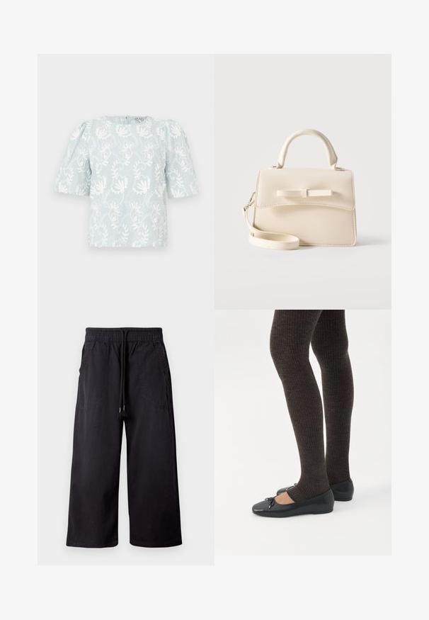 Top azul claro de manga corta con bordado floral blanco, que presenta un escote redondo y detalles fruncidos en los hombros.; Pantalones negros de pierna ancha con cintura elástica y cordón, con bolsillos delanteros de parche, exhibidos sobre un fondo claro y liso.; Piernas con leggings oscuros acanalados combinados con bailarinas negras que presentan pequeños detalles de lazo sobre un fondo blanco.; Pequeño bolso beige con asa superior, correa desmontable, solapa frontal y lazo decorativo horizontal sobre un fondo liso.