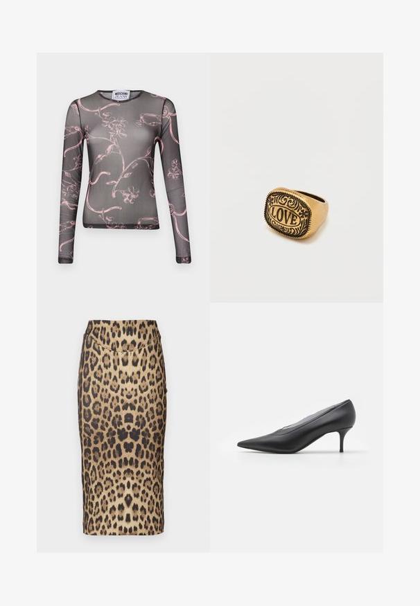 Langærmet gennemsigtig top i sort med et rosa blomster- og vinedesign, rund halsudskæring og tætsiddende pasform. Lavet af letvægts, strækbart materiale.; Leopardprint blyantnederdel med en tætsiddende design, mellemhøj talje og glat tekstur. Mønsteret består af varierede brune og sorte pletter.; Sorte spidse højhælede sko lavet af glat læder. Har en slank hæl og et minimalistisk design uden synlige udsmykninger.; Guldfarvet ring med indgraverede blomsterdekorationer og ordet "KÆRLIGHED" centreret på en firkantet overflade mod en hvid baggrund.