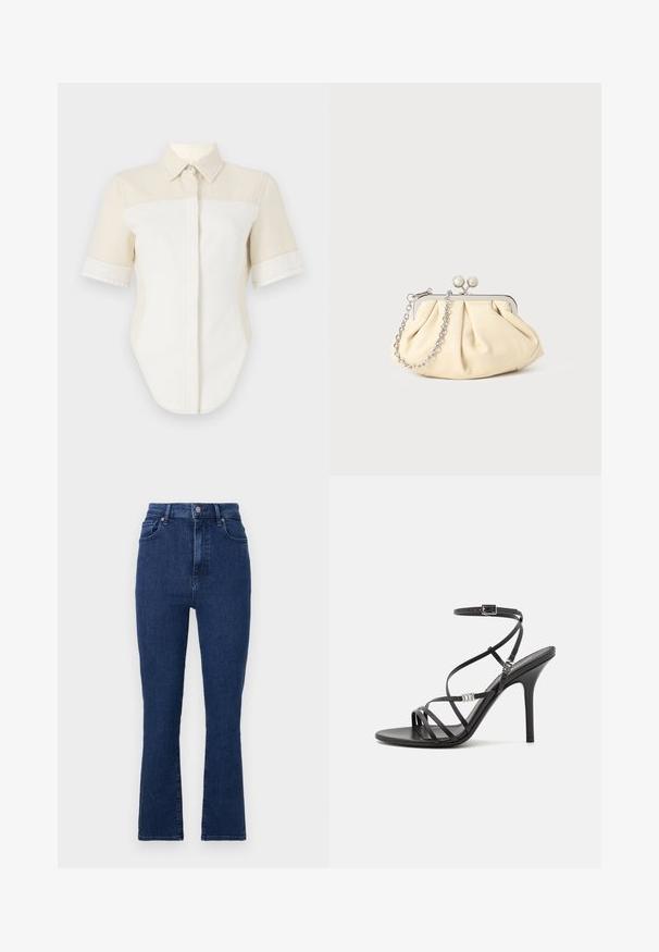 Chemise à manches courtes avec un design en blocs de couleurs beige clair et blanc, dotée d'un col pointu et d'une fermeture à boutons. Fabriquée en tissu lisse.; Jeans taille haute bleu foncé en tissu en denim avec une coupe droite, dotés de poches avant et d'une fermeture à bouton en métal.; Sandale noire à talons hauts avec des brides fines, une boucle à la cheville, une surface en cuir lisse et un talon aiguille élancé.; Pochette en cuir beige plissé avec un cadre en métal argenté, dotée de deux fermoirs ronds décoratifs et d'une chaîne en argent.