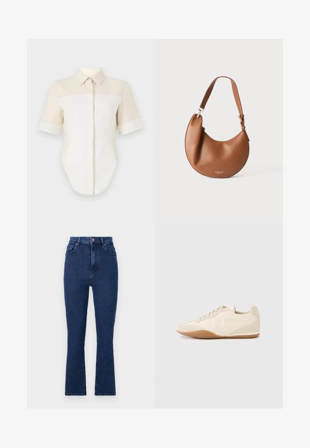 Kurzarmhemd mit einem hellbeigen und weißen Farbblockdesign, das einen spitzen Kragen und eine Knopfleiste aufweist. Hergestellt aus einem glatten Stoff.; Dunkelblaue, hoch geschnittene Jeans aus Denimstoff mit geradem Bein, die vordere Taschen und einen Metallknopfverschluss aufweisen.; Hellbeige Sneaker mit strukturiertem Lederupper, strukturierten seitlichen Einsätzen und einer Gummisohle. Verfügt über ein schlankes, stromlinienförmiges Design und flache Schnürsenkel.; Braune Lederschultertasche in Halbmondform mit verstellbarem Riemen und kleinem silbernem Logo-Schriftzug unten in der Mitte.