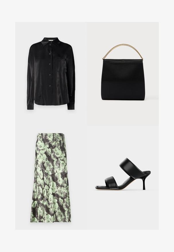 Chemise noire à manches longues, boutonnée, fabriquée en tissu lisse et brillant. Elle présente un col pointu et une poche poitrine.; Jupe fleurie avec une base noire ornée de motifs floraux vert clair. Le matériau semble lisse avec une texture légèrement brillante et une coupe évasée.; Sandale mule en cuir noir avec deux larges brides et un talon stiletto fin de hauteur moyenne sur un fond clair uni.; Sac noir en tissu lisse, présentant une forme structurée, une poignée en chaîne dorée et un design géométrique minimaliste.