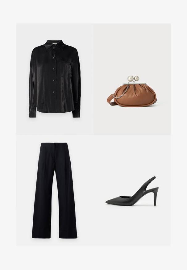 Chemise noire à manches longues, boutonnée, fabriquée en tissu lisse et brillant. Elle présente un col pointu et une poche poitrine.; Pantalon noir à rayures fines avec une coupe évasée, présentant des plis marqués et une finition soignée. Fabriqué à partir d'un tissu lisse et léger.; Escarpins à talon aiguille en cuir noir, avec un design à bout pointu, présentant une découpure à l'avant et un talon fin.; Pochette en cuir marron avec un fermoir à boule en argent et un petit détail en chaîne argentée sur fond blanc.