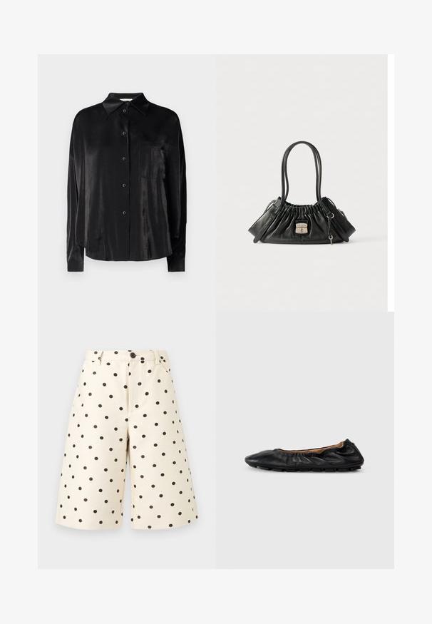 Chemise noire à manches longues, boutonnée, fabriquée en tissu lisse et brillant. Elle présente un col pointu et une poche poitrine.; Shorts couleur crème longueur genou à pois noirs, fermeture par boutons, passants pour ceinture et poches latérales sur fond uni.; Ballerines en cuir noir avec des détails froncés au col, bout rond et semelle en caoutchouc flexible. Texture lisse dans l'ensemble.; Sac à main en cuir noir avec un haut froncé, deux bretelles, des compartiments latéraux zippés et un fermoir en argent portant l'étiquette "Marc Jacobs" avec un petit charme en forme de clé.