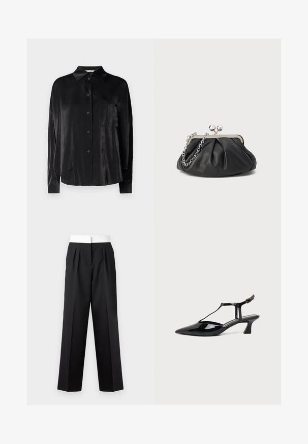 Camisa negra de manga larga con botones, hecha de una tela suave y lustrosa. Incluye un collar de punta y un único bolsillo en el pecho.; Pantalones negros plisados con una amplia cinturilla blanca, que presentan un corte recto y una textura lisa para un look estructurado.; Zapato slingback de cuero charol negro con punta fina, tira en T y tacón bajo en bloque inclinado sobre fondo blanco.; Clutch de cuero negro con textura arrugada, marco de metal en tono plateado, cierre de beso y cadena para colgar. Superficie suave y lisa.