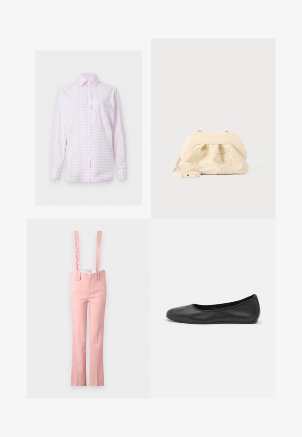 Camisa de manga larga con botones, de cuadros rosa claro y blanco, con cuello puntiagudo y bolsillo en forma de corazón bordado en el pecho izquierdo.; Pantalones rosas de pierna ancha con tirantes ajustables; las correas de los tirantes cuentan con texto bordado; fabricados con tela suave.; Bailarina de piel negra con punta redondeada, textura suave, detalle de costura minimalista y diseño de suela flexible.; Bolso de tela color crema con bordado floral, marco superior redondeado y suave, y correa ajustable, colocado en primer plano sobre un fondo gris claro.