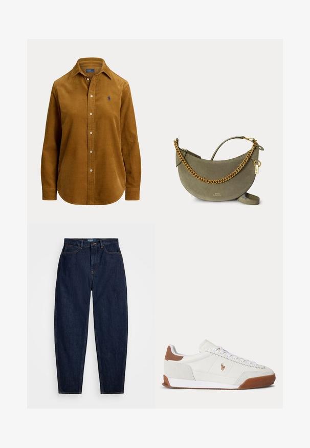Bruine corduroy blouse voor heren met lange mouwen, kraag en klein geborduurd logo op de borst.; Donkerblauwe denim jeans met een rechte pasvorm, voorzien van oranje stiksels, een sluiting met knoop aan de voorkant en vijf zakken.; Witte lage sneaker met bruine suède accenten bij hiel en neus, witte veters en een klein bruin geborduurd logo aan de zijkant.; Halvemaanvormige handtas van olijfgroen suède met gouden kettinkdetail, gouden rits en klein goud slotbedeltje op effen achtergrond.
