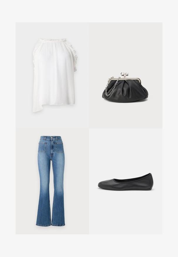 Haut sans manches blanc en tissu léger et texturé. Présente des accents froncés le long de l'encolure et des épaules. Ourlet asymétrique.; Jean en denim bleu évasé avec taille haute, comportant deux poches arrière et un délavage. L'ourlet est cousu avec un design subtil.; Ballerines en cuir noir avec un bout rond, texture lisse, détails de couture minimalistes et design de semelle flexible.; Porte-monnaie en cuir noir avec texture froncée, cadre en métal argenté, fermeture à verrouillage kiss-lock et bandoulière en chaîne. Surface lisse et douce.