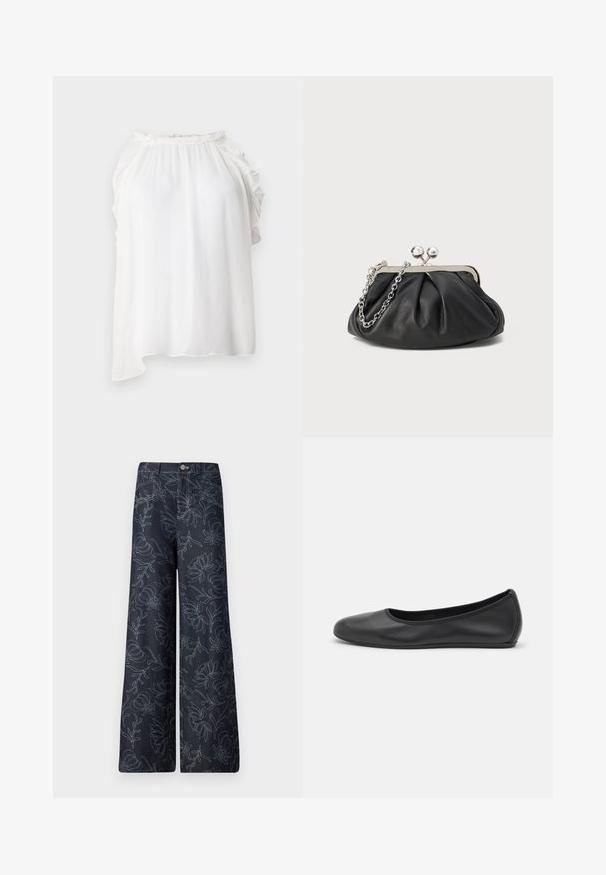 Witte mouwloze top van lichtgewicht, gestructureerde stof. Bevat gerimpelde accenten langs de halslijn en schouders. Asymmetrische zoom.; Donkerdenim wijde broek met een geborduurd bloemenpatroon in lichtblauw. Klassiek vijf-pocket ontwerp met een sluiting met knoop aan de voorkant.; Zwarte leren ballerina met een ronde neus, gladde textuur, minimale stikdetails en een flexibele zoolontwerp.; Zwarte leren clutch met geplooide textuur, zilverkleurig metalen frame, drukknopsluiting en kettingriem. Glad, zacht oppervlak.