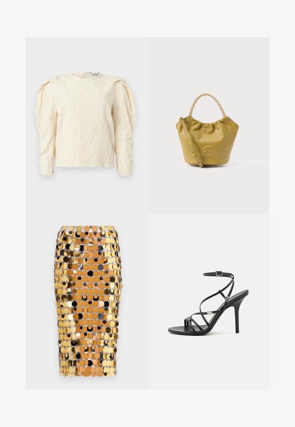 Langærmet top i cremefarve med tekstureret blomsterprint, rynkede skuldre og rund halsudskæring. Diskret glans med blød stoffinish.; Rabanne Pencil skirt - brown/black; Sort højhælet sandal med tynde stropper, en ankelspænde, en glat læderoverflade og en slank stilethæl.; Olivengrøn læderkurvetaske med en samlet top, guldfarvet kædehåndtag og justerbar rem. Har præget logo foran.