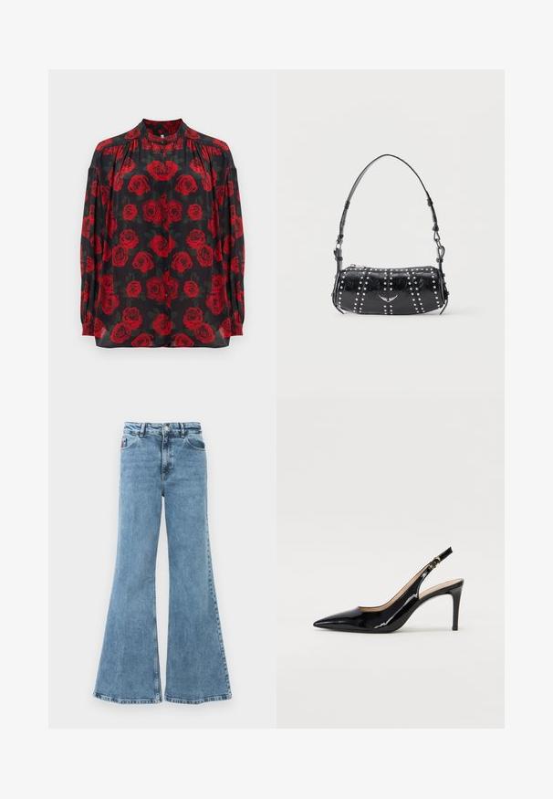 Blouse noire en voile transparent avec motif de roses rouges, col rond et manches longues. Fermeture à boutons sur le devant et détails froncés aux épaules.; Jean en denim bleu évasé avec une taille haute. Comprend cinq poches, un tissu léger et un délavage vieilli avec une texture lisse.; Pompe slingback en cuir verni noir avec un bout pointu, un talon fin et un design de découpes subtil. Elle dispose d'une boucle dorée sur la sangle.; Sac d'épaule en cuir verni noir orné de clous argentés disposés en rangées verticales et d'un petit emblème d'oiseau argenté au centre devant.