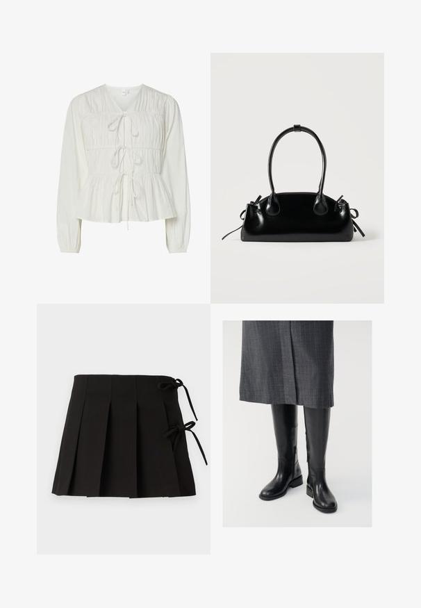 Weiße Bluse mit langen Ärmeln, drei vorderen Bindeschließen, gerafften Stoffdetails, elastischen Bündchen und einem Peplum-Saum.; Schwarzer, gefalteter Rock mit Seitenschnüren, hergestellt aus einem glatten Stoff; verfügt über ein strukturiertes Design und klare Linien.; Knielange schwarze Lederstiefel mit glatter Textur, seitlichen Reißverschlüssen und flacher Sohle. Die Stiefel haben einen strukturierten Schaft und minimales Zubehör.; Kleine schwarze glänzende Handtasche mit zwei langen Griffen und seitlichen Kordelzug-Details vor einfachem hellem Hintergrund.