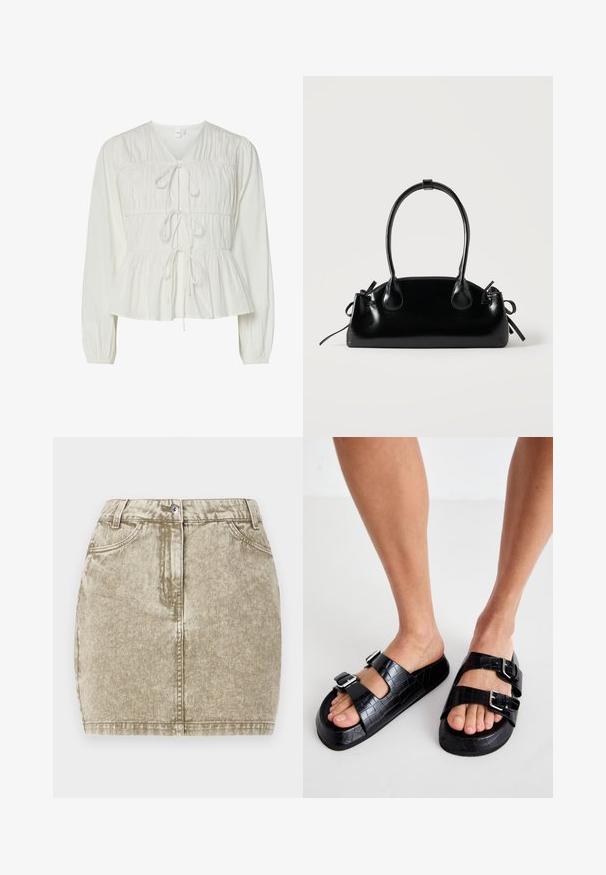 Weiße Bluse mit langen Ärmeln, drei vorderen Bindeschließen, gerafften Stoffdetails, elastischen Bündchen und einem Peplum-Saum.; Khaki-Jeansrock mit strukturiertem Finish, fünf Taschen, vorderem Knopfverschluss und genähten Details entlang der Kanten.; Schwarze Sandalen aus Kunstleder mit Krokodil-Prägung und zwei verstellbaren Schnallen. Dicke Sohle und offenes Design. Texturierte Oberfläche und flache Form.; Kleine schwarze glänzende Handtasche mit zwei langen Griffen und seitlichen Kordelzug-Details vor einfachem hellem Hintergrund.
