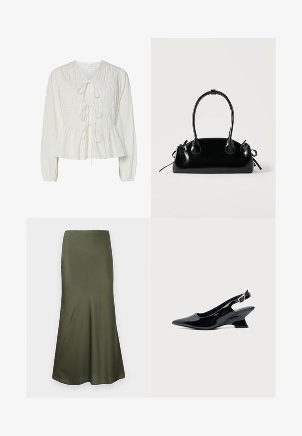 Hvid langærmet bluse med tre frontknytningslukninger, samlede stofdetaljer, elastiske manchetter og en peplum-stil kant.; Olivengrøn, tætsiddende midi-nederdel lavet af satin, der udvider sig ved kanten, præsenteret mod en hvid baggrund.; Sort laklæder slingback sko med spids tå og lav vinklet blokhæl på ensartet lys baggrund.; Lille sort blank håndtaske med to lange håndtag og snøre-detaljer i siden på en ensfarvet lys baggrund.