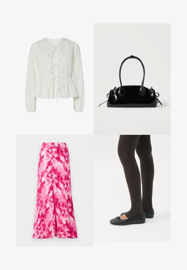 Hvid langærmet bluse med tre frontknytningslukninger, samlede stofdetaljer, elastiske manchetter og en peplum-stil kant.; Lyserød mønstret nederdel med et let, bredt ben design og et glat, let stof. Mønstret inkluderer variationer af lys og mørk lyserød.; Ben iført mørke ribbede leggings kombineret med sorte balletsko med små sløjfedetaljer på hvid baggrund.; Lille sort blank håndtaske med to lange håndtag og snøre-detaljer i siden på en ensfarvet lys baggrund.
