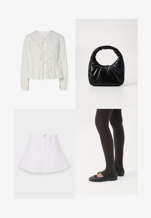 Blouse blanche à manches longues avec trois attaches à l'avant, détails de tissu froncé, poignets élastiques et un ourlet de style peplum.; Jupe en denim blanc au design évasé, avec une taille ajustée, cinq poches et une fermeture à bouton à l'avant. Texture lisse.; Jambes portant des leggings côtelés foncés associés à des ballerines noires avec de petits détails en nœud sur fond blanc.; Sac à main noir rembourré avec une poignée arrondie, présentant une surface lisse et brillante ainsi qu'une texture douce et matelassée. Pas de quincaillerie ou d'accents visibles.