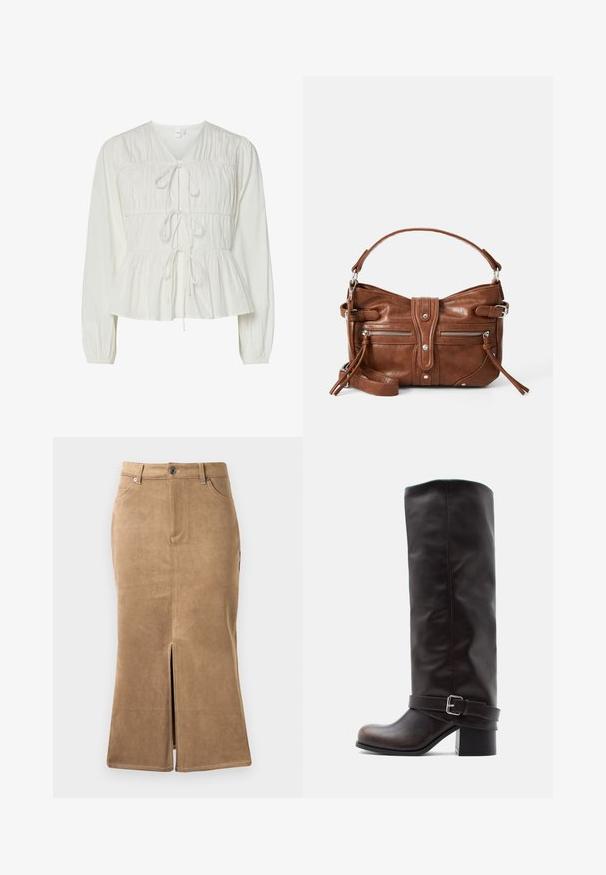 Hvid langærmet bluse med tre frontknytningslukninger, samlede stofdetaljer, elastiske manchetter og en peplum-stil kant.; Brun ruskind midi-skirt med slids foran, kontrasterende syninger og fem-lomme design. Glat tekstur og tætsiddende facon.; Mørkebrun læderstøvle til knæet med rund tå, lav blokhæle og dekorativ rem med sølvspænde ved anklen.; Brun læderhåndtaske med en rund form, to frontlommer med lynlås og en aftagelig skulderrem. Udstyret med hardware og syninger i sølvfarve.