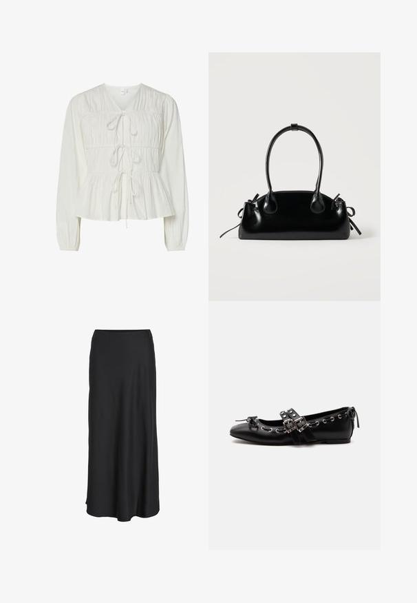 Hvid langærmet bluse med tre frontknytningslukninger, samlede stofdetaljer, elastiske manchetter og en peplum-stil kant.; Sort maxinederdel lavet af glat, letvægtsstof. Har en enkel A-formet silhuet med en let udvidet kant og ingen synlige lukninger.; Sort flad balletsko med dobbelt spænde, sølvøjer og en lille sløjfe nær den runde tå på en hvid baggrund.; Lille sort blank håndtaske med to lange håndtag og snøre-detaljer i siden på en ensfarvet lys baggrund.