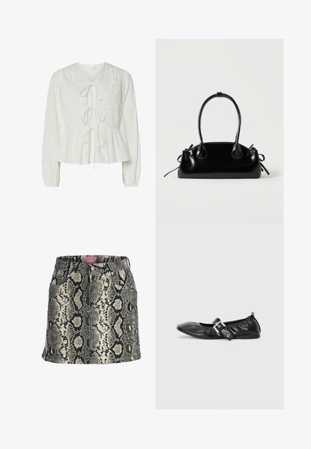 Weiße Bluse mit langen Ärmeln, drei vorderen Bindeschließen, gerafften Stoffdetails, elastischen Bündchen und einem Peplum-Saum.; Schwarzer, beiger und weißer Minirock in A-Linie mit Kunst-Schlangenhautmuster, vorderen Taschen und einem taillierten Bund mit Knöpfen.; Schwarze Leder-Ballerinas mit spitzem Zehenbereich, gerafften Details am Schaft und einem silbernen Schnallenakzent am verstellbaren Riemen.; Kleine schwarze glänzende Handtasche mit zwei langen Griffen und seitlichen Kordelzug-Details vor einfachem hellem Hintergrund.
