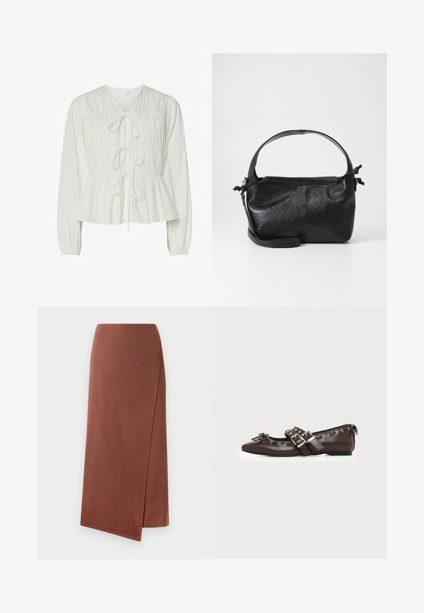 Blouse blanche à manches longues avec trois attaches à l'avant, détails de tissu froncé, poignets élastiques et un ourlet de style peplum.; Jupe longue marron en tissu lisse avec une silhouette droite. Présente une fente sur le côté pour faciliter les mouvements. Design uni sans motifs.; Chaussure plate en cuir marron foncé avec bout pointu, doubles brides à boucles argentées, œillets métalliques et nœud décoratif à l'avant.; Sac à main en cuir noir au design structuré, avec une poignée arrondie et une bandoulière amovible. Présente une texture lisse et un éclat subtil.