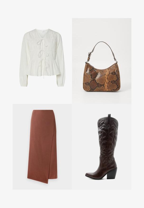 Blouse blanche à manches longues avec trois attaches à l'avant, détails de tissu froncé, poignets élastiques et un ourlet de style peplum.; Jupe longue marron en tissu lisse avec une silhouette droite. Présente une fente sur le côté pour faciliter les mouvements. Design uni sans motifs.; Botte de cowboy haute en cuir marron foncé avec motifs décoratifs cousus, bout pointu et talon bloc empilé.; Petit sac à main avec un motif en peau de serpent marron et noir, courroie courte et ajustable, et fermeture éclair.