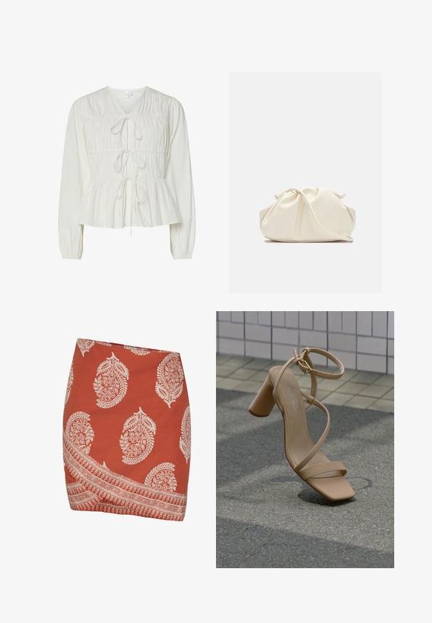 Hvid langærmet bluse med tre frontknytningslukninger, samlede stofdetaljer, elastiske manchetter og en peplum-stil kant.; Rustrød nederdel med hvide paisley- og blomster mønstre. Har en diagonal nederkant og et indviklet kantdesign langs den nederste kant.; Beige sandal med stropper og høj blokhæl, svævende over asfalt ved en baggrund af flisebelagt væg.; Blød, cremefarvet læder clutch taske med samlet, rynket design og en tynd skulderrem, der hviler foran på en ensfarvet baggrund.