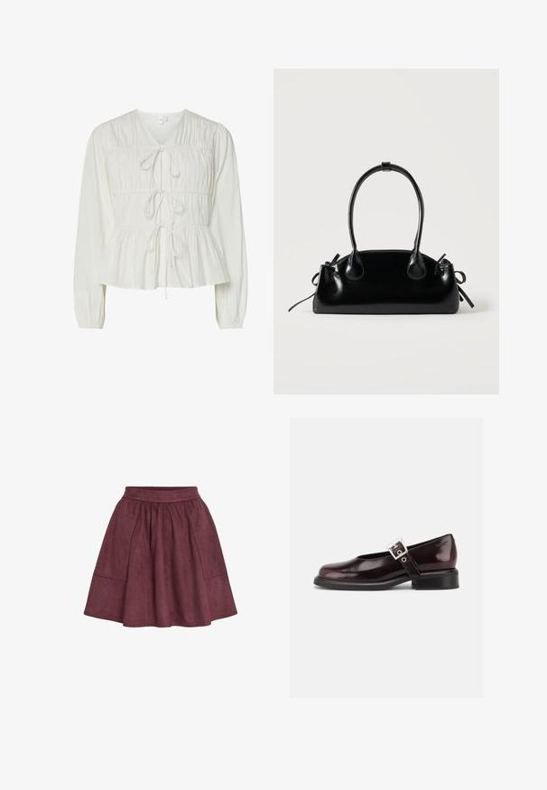 Weiße Bluse mit langen Ärmeln, drei vorderen Bindeschließen, gerafften Stoffdetails, elastischen Bündchen und einem Peplum-Saum.; Bordauxfarbene Wildlederrock mit ausgestellter Form, elastischem Bund und zwei Seitentaschen. Er zeichnet sich durch eine weiche Textur und ein minimalistisches Design aus.; Ein einzelner glänzender dunkelburgunder Mary Jane Schuh mit breitem Riemen und silberner Schnalle, niedrigem Blockabsatz und abgerundeter Spitze auf weißem Hintergrund.; Kleine schwarze glänzende Handtasche mit zwei langen Griffen und seitlichen Kordelzug-Details vor einfachem hellem Hintergrund.