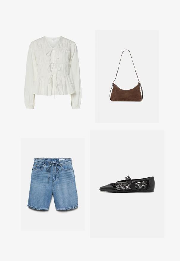 Blouse blanche à manches longues avec trois attaches à l'avant, détails de tissu froncé, poignets élastiques et un ourlet de style peplum.; Short en denim bleu avec poches avant et passants pour ceinture, agrémenté d'un cordon noué à la taille et de plis horizontaux délavés.; Chaussure plate noire avec un bout pointu, panneaux latéraux en maille et une sangle avec une boucle décorative. Fini lisse sur les sections du bout et du talon.; Sac à épaule en daim marron avec une fermeture éclair incurvée en haut et une fine bandoulière réglable, présenté sur un fond clair uni.
