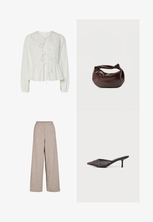 Hvid langærmet bluse med tre frontknytningslukninger, samlede stofdetaljer, elastiske manchetter og en peplum-stil kant.; Beige brede bukser lavet af letvægtsstof. Har en glat tekstur, en tætsiddende talje og sidelommer for funktionel detaljer.; Brune og sorte leopardprint spidse mule med en slank sort kitten hæl og åben hæl på hvid baggrund.; Mørkebrun læder skuldertaske med en blød, afslappet form og et snoet knudehåndtag på en ensartet hvid baggrund.