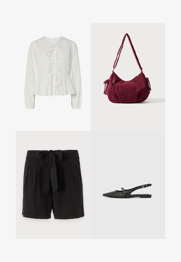 Witte blouse met lange mouwen, drie striksluitingen aan de voorkant, geplooide stofdetails, elastische manchetten en een peplumstijl zoom.; Zwarte katoenen shorts met een strikgordel in de taille, plooien aan de voorkant en zijzakken. Gladde textuur en casual ontwerp.; Zwarte leren slingback schoenen met een spitse neus, voorzien van een smalle band en een zilveren gesp aan de zijkant. Platte zool.; Zachte kastanjebruine corduroy schoudertas met verstelbare band, ritssluiting, zijstrikjes en een voorvak met rits.