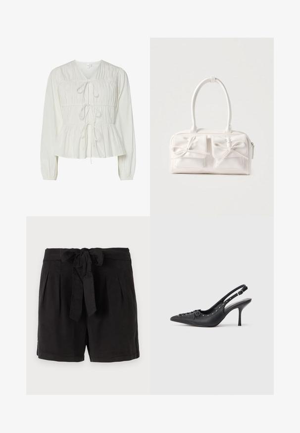 Hvid langærmet bluse med tre frontknytningslukninger, samlede stofdetaljer, elastiske manchetter og en peplum-stil kant.; Sorte bomuldsshorts med bindebælte i taljen, plisséer foran og sidelommer. Glat tekstur og afslappet design.; Sorte læder slingback stiletto med spids tå, side spændebånd, nitter langs kanten og dekorativ snøring foran.; Hvid syntetisk håndtaske med to forlommer, hver med en bundet sløjfedetalje. Glat tekstur, afrundede håndtag og lynlås lukning.