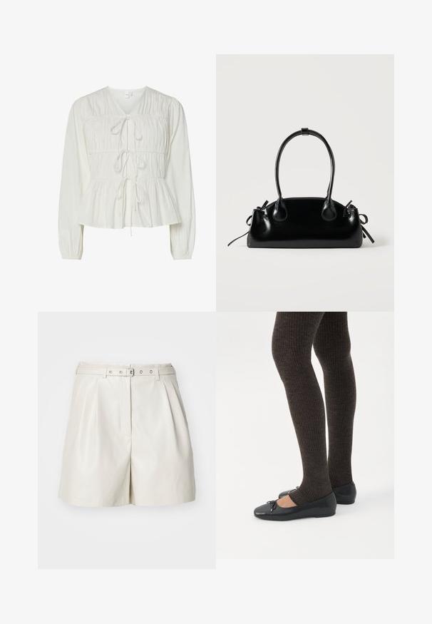 Blouse blanche à manches longues avec trois attaches à l'avant, détails de tissu froncé, poignets élastiques et un ourlet de style peplum.; ONLY Synthetic leather ONLHEIDI Mid waist Regular Fit - Short - pumice stone; Jambes portant des leggings côtelés foncés associés à des ballerines noires avec de petits détails en nœud sur fond blanc.; Petit sac à main noir brillant avec deux longues anses et des détails à cordon sur les côtés sur un fond clair uni.