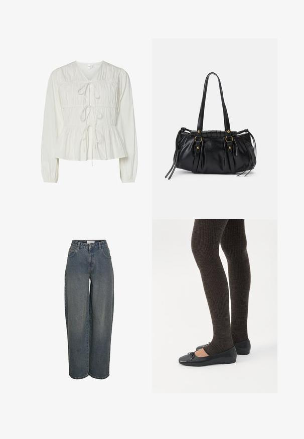 Blusa blanca de manga larga con tres cierres frontales de lazo, detalles de tejido fruncido, puños elásticos y dobladillo de estilo peplum.; Jeans de tiro ancho en azul oscuro, hechos de una tela de algodón texturizada. Presentan bolsillos frontales y un cierre de cremallera con botón.; Piernas con leggings oscuros acanalados combinados con bailarinas negras que presentan pequeños detalles de lazo sobre un fondo blanco.; Bolso de mano de cuero negro con forma redondeada, asas dobles, acentos de hardware decorativo y detalles de lazo en los laterales. Textura lisa y brillante.