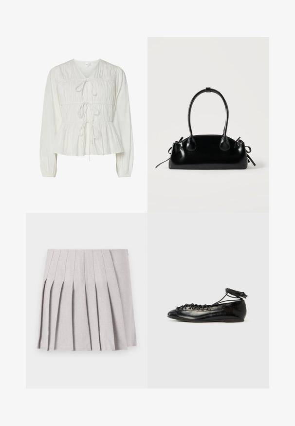 Blouse blanche à manches longues avec trois attaches à l'avant, détails de tissu froncé, poignets élastiques et un ourlet de style peplum.; Jupe plissée grise au toucher lisse, dotée de multiples plis verticaux et d'une taille ajustée. Fabriquée en tissu léger.; Ballerines en cuir verni noir avec un bout rond, un design à lacets et une semelle plate. Texture lisse avec peu de détails.; Petit sac à main noir brillant avec deux longues anses et des détails à cordon sur les côtés sur un fond clair uni.