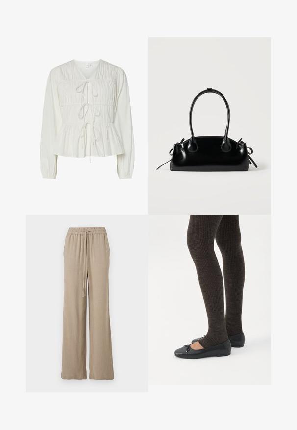 Hvid langærmet bluse med tre frontknytningslukninger, samlede stofdetaljer, elastiske manchetter og en peplum-stil kant.; Beige vide bukser lavet af et letvægtsstof. Har en elastisk talje med snor og sidelommer. Glat tekstur.; Ben iført mørke ribbede leggings kombineret med sorte balletsko med små sløjfedetaljer på hvid baggrund.; Lille sort blank håndtaske med to lange håndtag og snøre-detaljer i siden på en ensfarvet lys baggrund.
