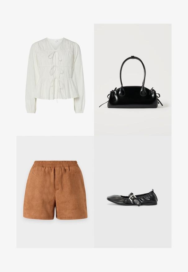 Blouse blanche à manches longues avec trois attaches à l'avant, détails de tissu froncé, poignets élastiques et un ourlet de style peplum.; Shorts en daim brun avec une taille élastique, présentant une coupe décontractée et une texture lisse. Design simple, adapté à une tenue décontractée.; Chaussure plate en cuir noir avec un nez pointu, des détails froncés autour de l'ouverture et un accent en boucle argentée sur la bride ajustable.; Petit sac à main noir brillant avec deux longues anses et des détails à cordon sur les côtés sur un fond clair uni.