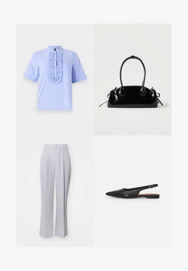 Camisa de manga corta azul claro con rayas blancas verticales, que presenta un plastrón con volantes y un cuello mao. Textura de tela suave.; Pantalones de corte gris claro con un diseño de pierna recta, que presentan un solo pliegue delantero, cierre de botón y una textura suave y tejida.; Zapato de cuero negro tipo slingback con punta afilada, ligero brillo y correa ajustable en el tobillo. Tacón plano con plantilla marrón.; Pequeño bolso negro brillante con dos asas largas y detalles de cordón lateral sobre un fondo claro liso.