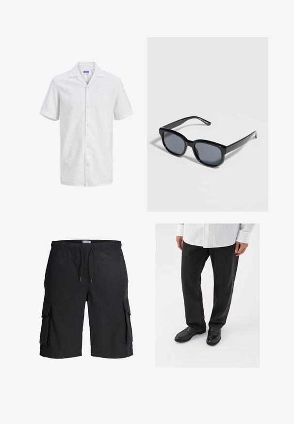 Chemise blanche à manches courtes, col à revers, boutons clairs et motif texturé subtil, présentée sur un fond uni.; Short cargo noir longueur genou avec taille élastique, cordon de serrage et grandes poches à rabat de chaque côté, posé à plat sur un fond blanc.; Pantalons en denim noir associés à des mocassins noirs brillants. La chemise est blanche avec de fines rayures verticales, avec des manches longues et un col boutonné.; Lunettes de soleil rectangulaires noires avec verres foncés et montures épaisses, posées sur une surface claire.