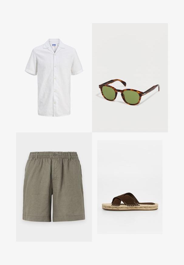 Hvid kortærmet skjorte med hakkrave, lyse knapper og diskret tekstureret mønster, vist på ensfarvet baggrund.; Khaki shorts i letvægtsstof med elastisk talje og knaplukning. Har et lige ben design og optrukket kant.; Brun herreslide sandal i ruskind med krydsede remme og flettet jutesål, vist i profil på hvid baggrund.; Skildpaddedesign rammesolbriller med runde grønne linser, der ligger på en hvid overflade.