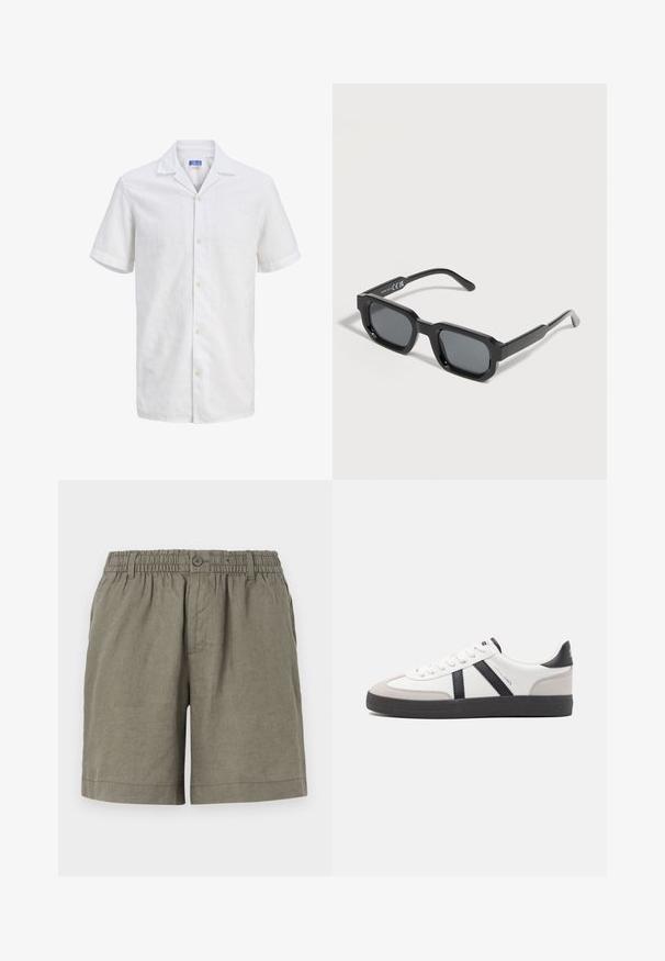 Chemise blanche à manches courtes, col à revers, boutons clairs et motif texturé subtil, présentée sur un fond uni.; Shorts khaki en tissu léger avec une taille élastique et une fermeture à boutons. Ils présentent un design à jambe droite et un ourlet roulé.; Baskets blanches avec des accents noirs et gris, présentant un embout texturé gris, une semelle en caoutchouc noir et des lacets plats blancs. Design épuré, style minimaliste.; Lunettes de soleil rectangulaires noires avec des montures épaisses et des verres teintés foncés, inclinées sur un fond blanc.