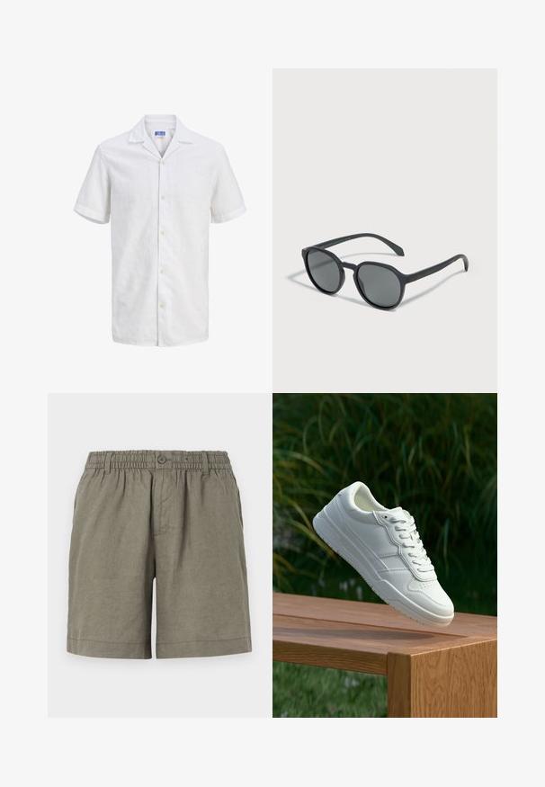 Hvid kortærmet skjorte med hakkrave, lyse knapper og diskret tekstureret mønster, vist på ensfarvet baggrund.; Khaki shorts i letvægtsstof med elastisk talje og knaplukning. Har et lige ben design og optrukket kant.; Hvide lædersneakers med en glat overflade, prydet med perforeret design, klassisk snørering og gummisål, placeret over en træoverflade.; Sorte runde solbriller med mørketonede linser, der hviler på en lys overflade og kaster en blød skygge.