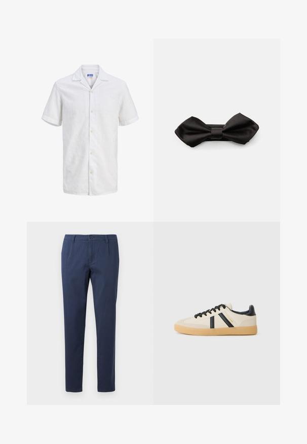 Camisa blanca de manga corta abotonada con cuello de muesca, botones claros y sutil patrón texturizado, mostrada sobre un fondo liso.; Pantalones azul marino hechos de una tela ligera, con cierre de botón en la parte delantera, dos bolsillos laterales y un diseño de pierna recta.; Zapatillas casuales en crema con rayas negras, con parte superior texturizada y suela de goma. Los cordones son negros. Logo sutil en el costado.; Pajarita de satén negro con una textura suave y un nudo central, que presenta extremos grandes y redondeados que se estrechan en el centro.