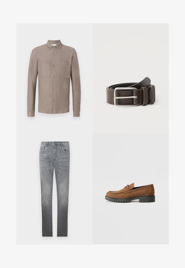 Chemise boutonnée couleur marron clair avec un col, deux poches poitrine et des manches longues en tissu lisse et texturé.; Jeans en denim gris avec un design délavé, style à cinq poches, fermeture à bouton et coupe droite. Texture lisse avec un léger vieillissement sur les bords.; Mocassins en daim marron avec un bout arrondi et une semelle noire en caoutchouc basse, présentant une sangle décorative et des détails de couture sur le dessus.; Ceinture en cuir marron avec une boucle en métal argenté, présentant une texture lisse et un design simple. Comprend une boucle pour l'ajustement et la fixation.