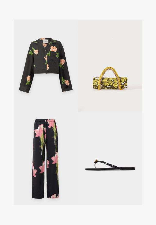 Afgekorte zwarte shirt met lange mouwen, voorzien van perzikkleurige rozenborduursels en een zak aan de voorkant. Gemaakt van gladde stof, met een knoopsluiting.; Bloemen brede broek met een zwarte achtergrond, versierd met roze en groene aquarelachtige bloemen. Zachte stof met een elastische tailleband.; Zwarte platte teensandaal met meerdere dunne bandjes en een kleine gouden druppelvormige decoratie op het voorste bandje.; Rechthoekige tas met geel-zwart bloemenpatroon en gevlochten geel-roze handvat op witte achtergrond.