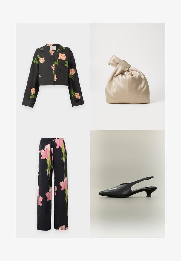Kurzes schwarzes Shirt mit langen Ärmeln, verziert mit Pfirsich-Rosen-Stickerei und einer Vordertasche. Hergestellt aus glattem Stoff, mit Knopfverschluss.; Blumenmuster-Hosen im weit geschnittenen Stil mit schwarzem Hintergrund, versehen mit rosa und grünen Aquarell-Blumen. Weicher Stoff mit elastischem Bund.; Schwarzer Slingback-Schuh aus Leder mit spitzer Zehenpartie und niedrigem Kitten-Heel vor neutralem Hintergrund.; Beige Satinbeutel mit geknotetem Deckel, der eine weiche, glatte Textur und eine runde Form aufweist, entworfen, um einfach und elegant zu sein.