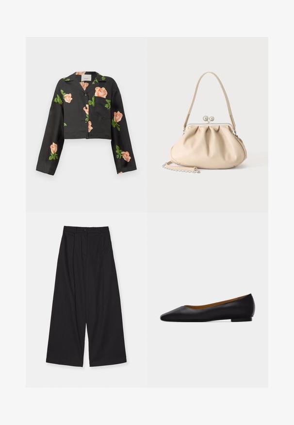 Kurzes schwarzes Shirt mit langen Ärmeln, verziert mit Pfirsich-Rosen-Stickerei und einer Vordertasche. Hergestellt aus glattem Stoff, mit Knopfverschluss.; Schwarze weite Hosen aus einem glatten Stoff, mit hoher Taille, vorderen Falten, einem Knopfverschluss und einer geraden Silhouette.; Schwarzer flacher Schuh aus Leder mit spitz zulaufender Vorderkappe, niedrigem Absatz und glatter Oberfläche, von der Seite vor einem hellgrauen Hintergrund dargestellt.; Beige weiche Lederhandtasche mit silbernem Metallrahmenverschluss, einem Schulterriemen und einem optionalen Kettenriemen auf weißem Hintergrund.